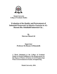 Marwan Murad Ojje Thesis: Quality Assessment And Primary Treatment Of Industrial Wastewater In Selective Factories....Master Of Civil Engineering 2016
