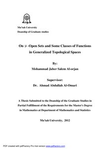 رسالة محمد جبر العرجان حول المجموعات المفتوحة المعممة وبعض أصناف الاقترانات باستخدامها ماجستير الرياضيات 2012