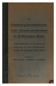 Die Entwicklung Des Landwirtschaftlichen Genossenschaftswesens In Grossherzogstum Baden ..