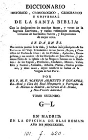 Diccionario historico cronologico, geografico y universal de la santa Biblia