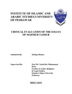 The Art Of The Article According To Mahmoud Taymour - A Critical Study